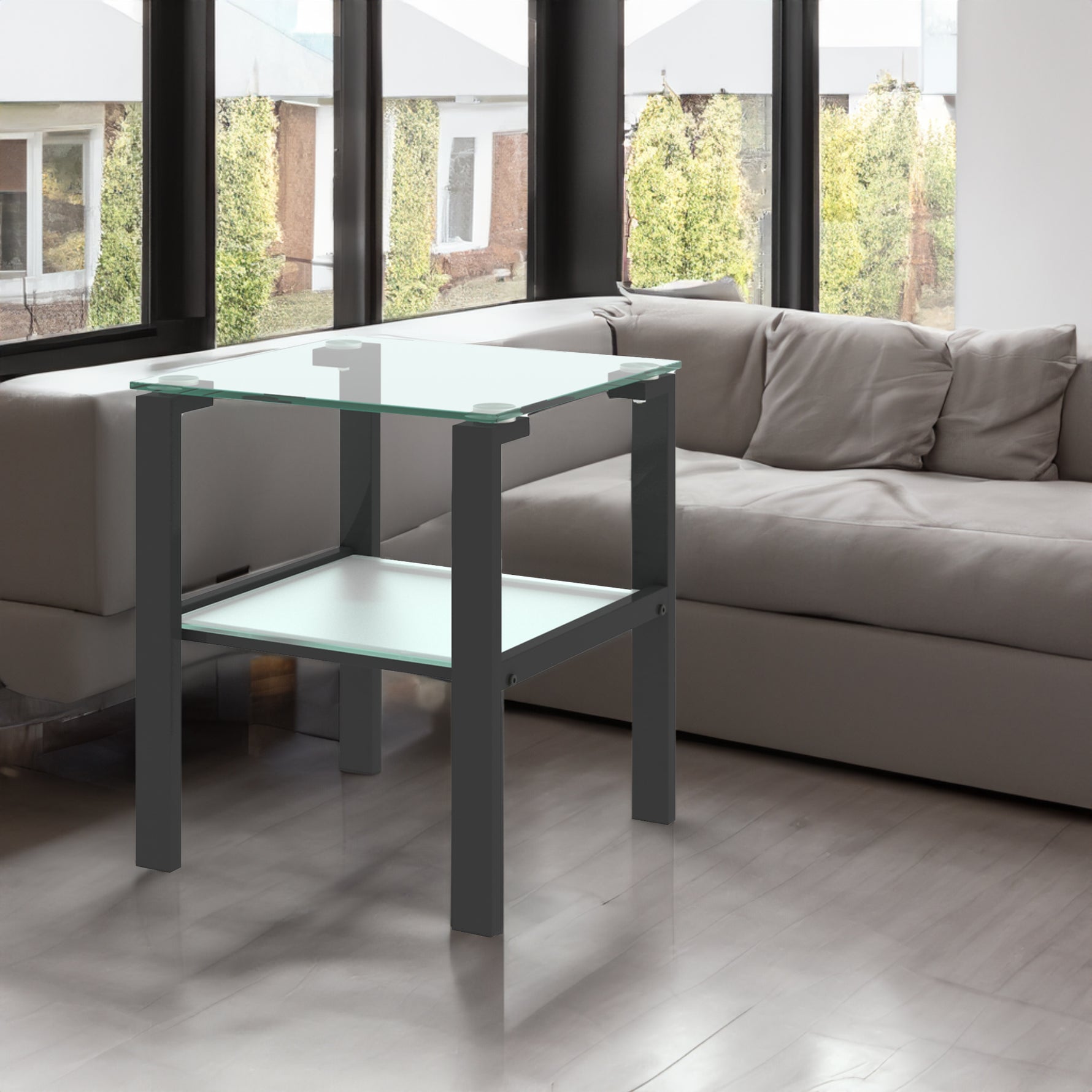 Table d'appoint en verre à deux couches, petite table ronde noire pour salon ou chambre, par eprolo.