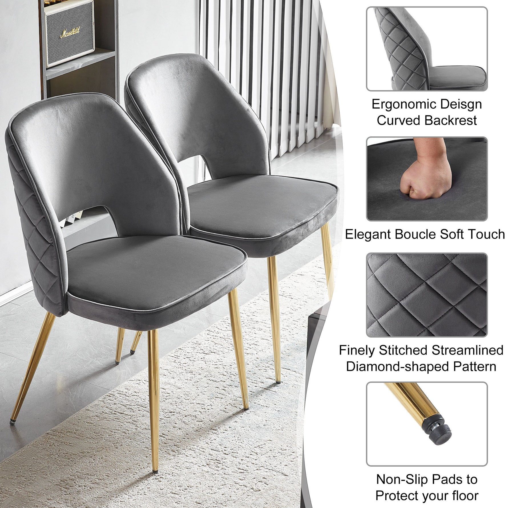 Chaise de salle à manger en velours gris eprolo, design élégant avec dossier rembourré et pieds en bois naturel.