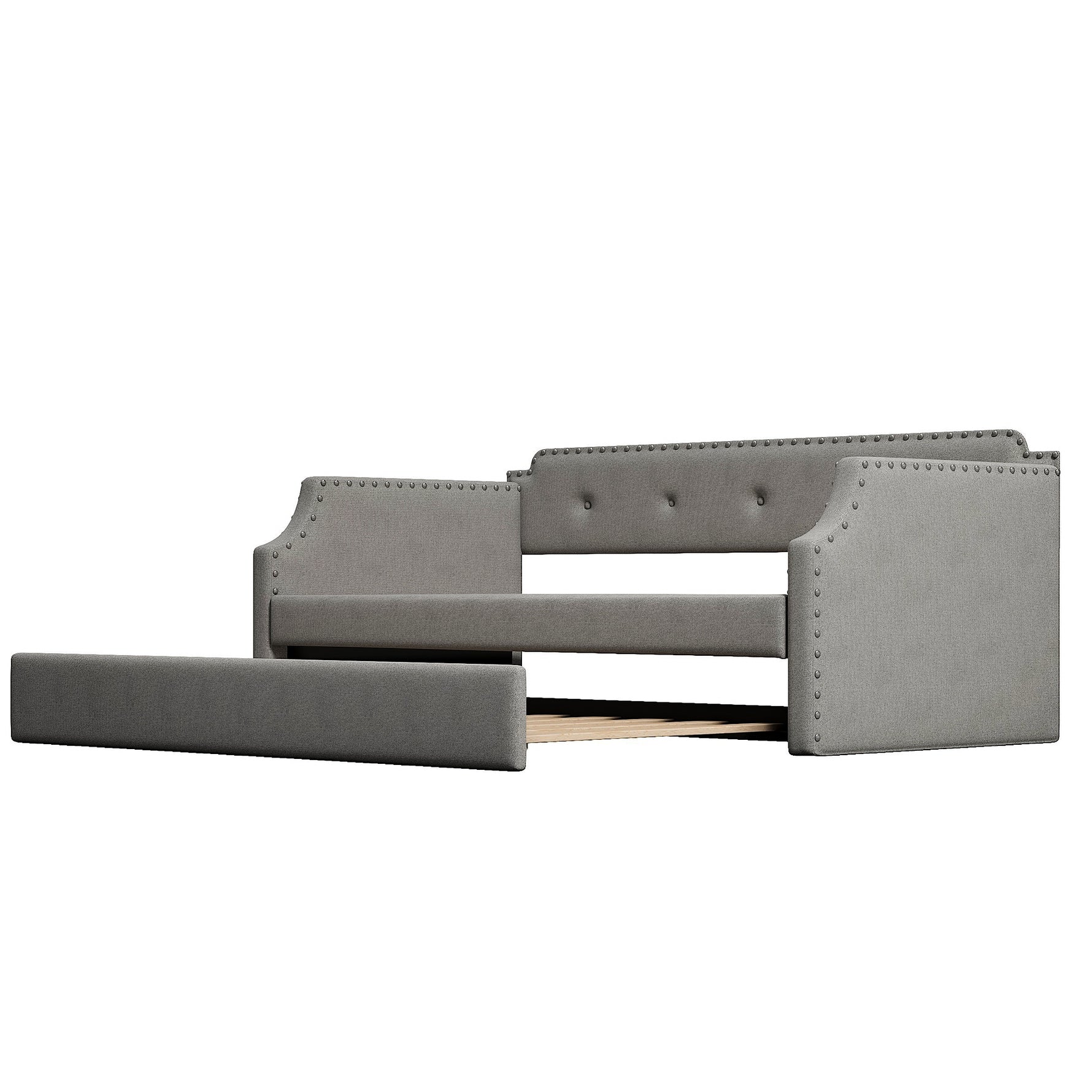 Canapé-lit capitonné avec tiroir de rangement, structure en bois, tissu beige, design moderne pour chambre ou salon.