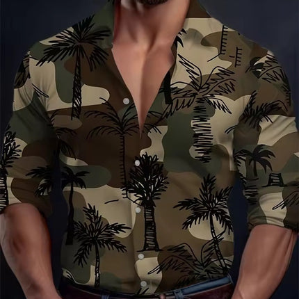Men's Long Sleeve Shirt Palm Tree And Striped Printed Shirt Everyday Fashion Men's Casual Shirt