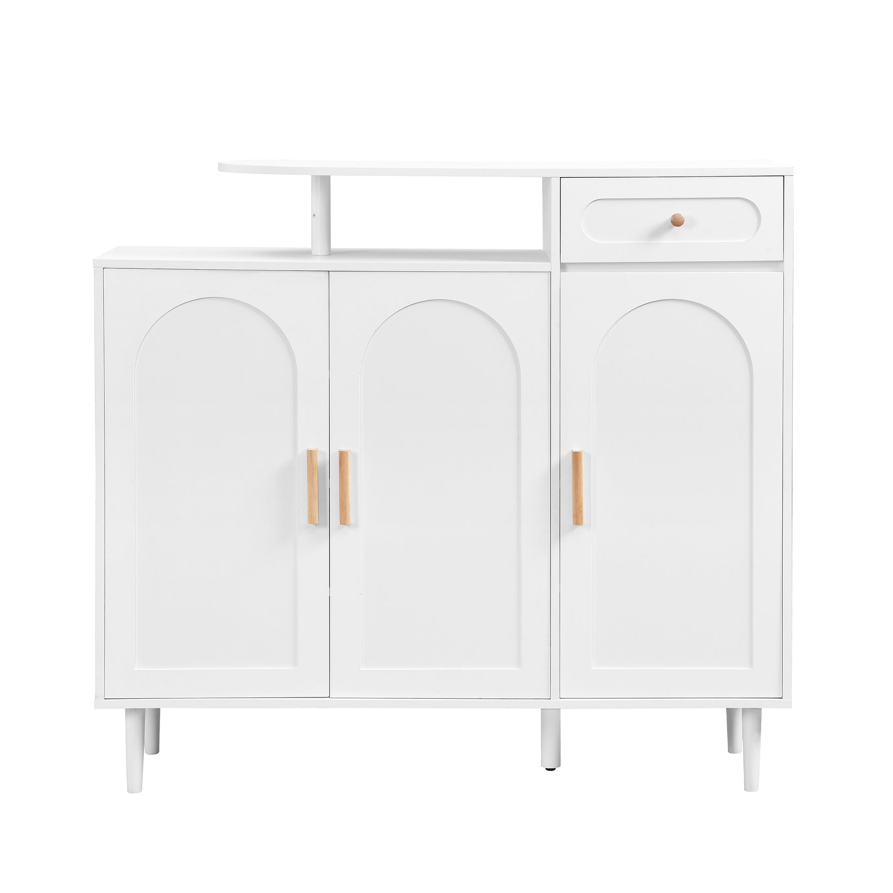 Meuble d'entrée blanc eprolo avec portes cintrées, tiroirs, étagères réglables, panneaux de rangement et pieds en bois solide