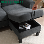 Canapé sectionnel convertible avec rangement eprolo, modulable, en tissu gris clair, avec coussins et espace de stockage intégré.