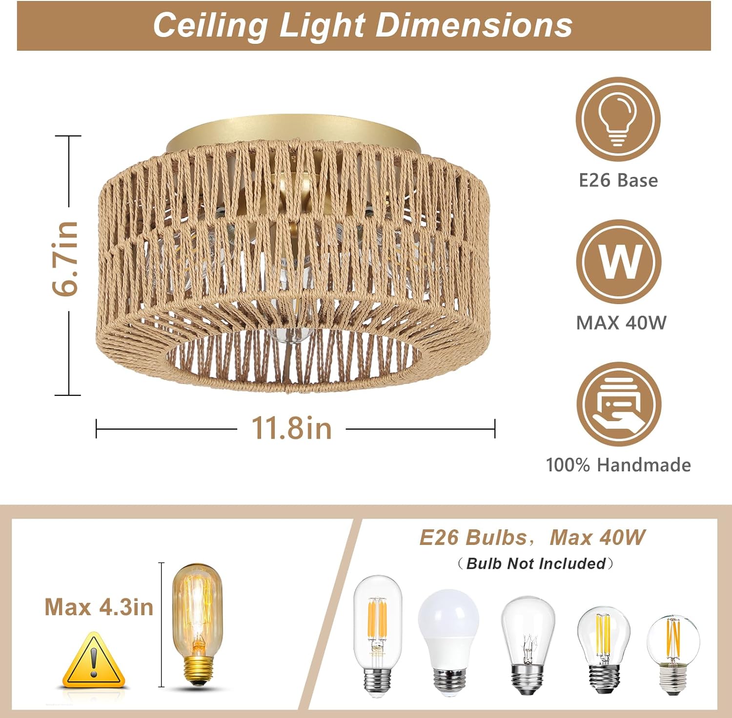 Plafonnier eprolo boho avec 3 lumières et abat-jour en rotin tissé à la main pour intérieur farmhouse.