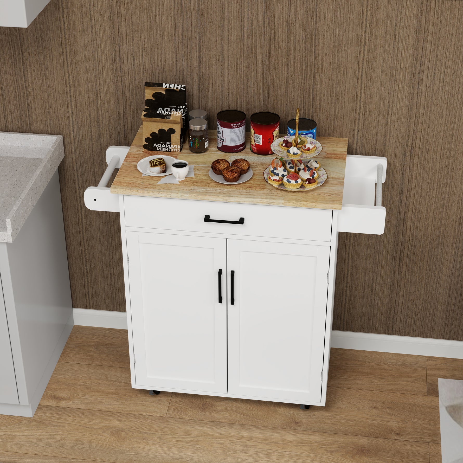 Carrello da cucina eprolo, mobile d'entrée avec tiroir, porte, étagères réglables et porte-serviettes, en bois moderne.