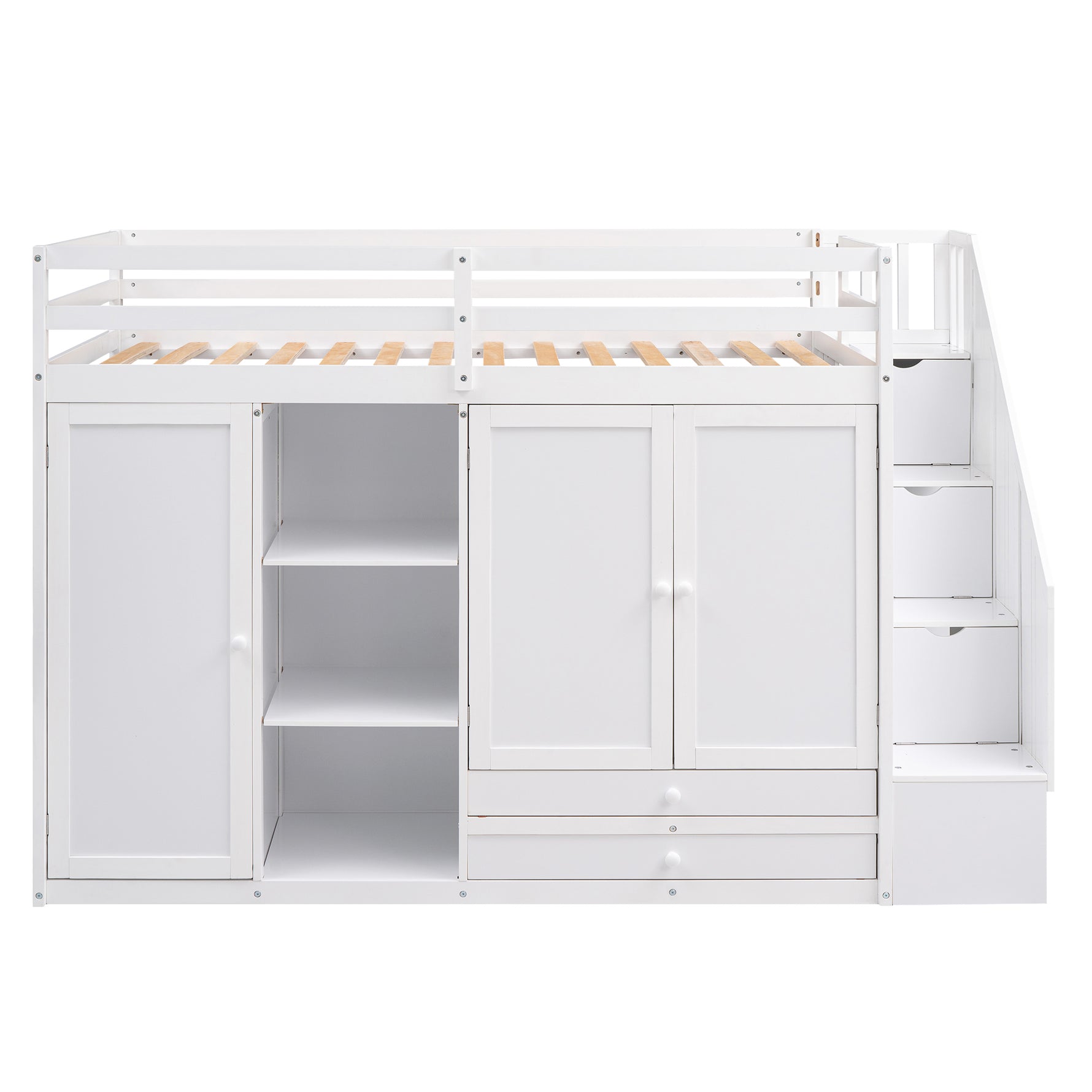 Lits en mezzanine fonctionnels eprolo blanc avec 3 étagères, 2 armoires, 2 tiroirs, échelle avec rangement, sans sommier.