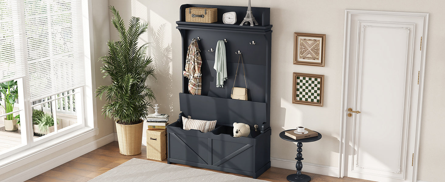 Armoire d'entrée eprolo avec bureau de rangement, tiroirs, 5 crochets et étagère en bleu foncé, vue de face.