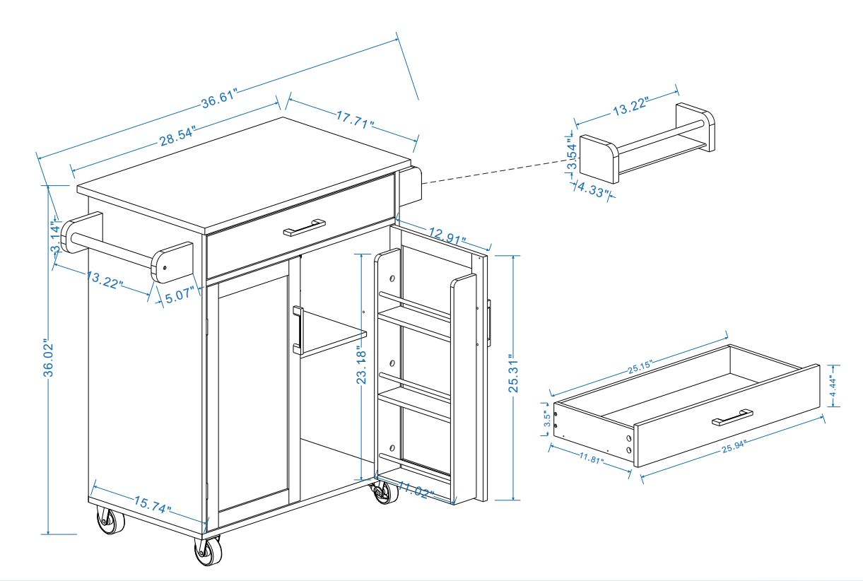Mobilier d'entrée eprolo, îlot de cuisine roulant avec tiroir, 2 portes, étagères ajustables et porte-serviettes.
