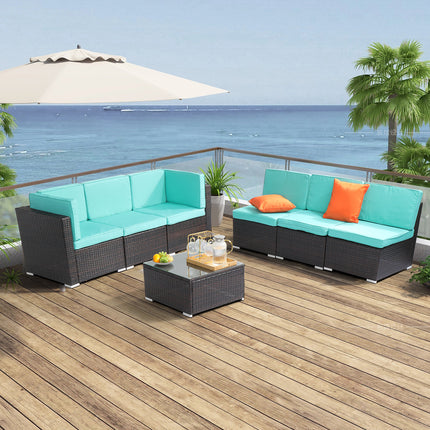 2pcs Middle Sofa Brown Gradient Rattan Lake Blue Cushion Sponge Sandwich Woven Rattan Multi Piece Set