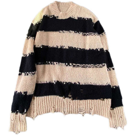 Women's New Mohair Ripped Striped Thin Crew Neck Sweater