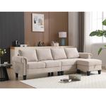Canapé d'angle convertible eprolo en lin beige avec rangement, sofa quatre places moderne en tissu pour salon.