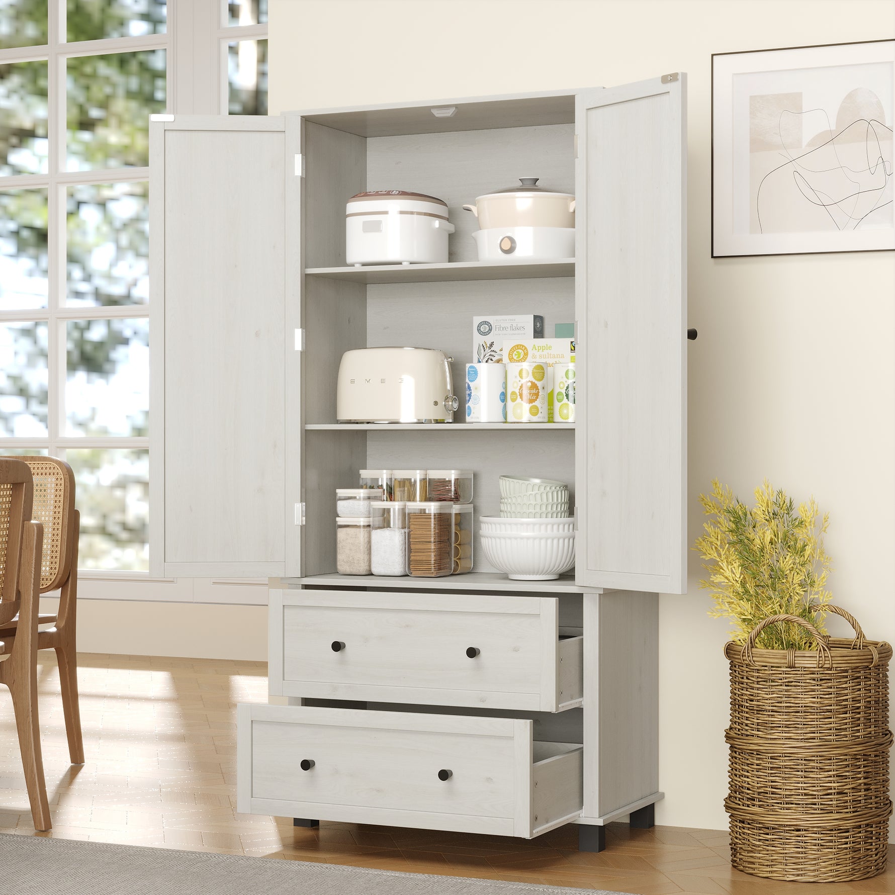 Armoire de cuisine eprolo blanche antique de 70 pouces avec 2 tiroirs et 3 étagères pour rangement spacieux.