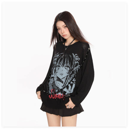 Ladies' Spring And Autumn Look Thin Loose Printed Knitted Sweater Hoodie Top