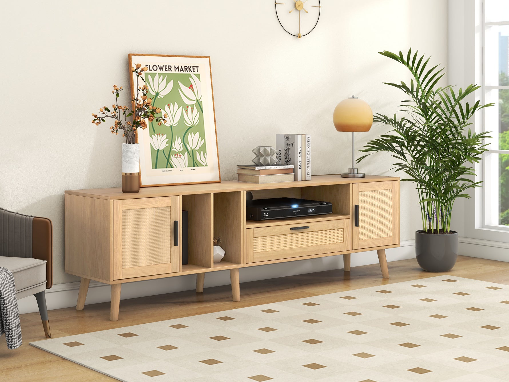 Support TV en bois eprolo, design moderne, avec espace pour appareils électroniques et rangement.