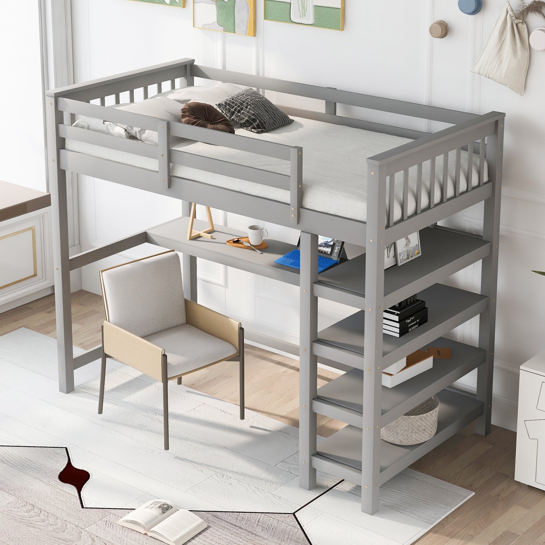Lits superposés twin avec rangements, bureau sous le lit en gris, par eprolo, montrant la structure en bois et l'espace de stockage.
