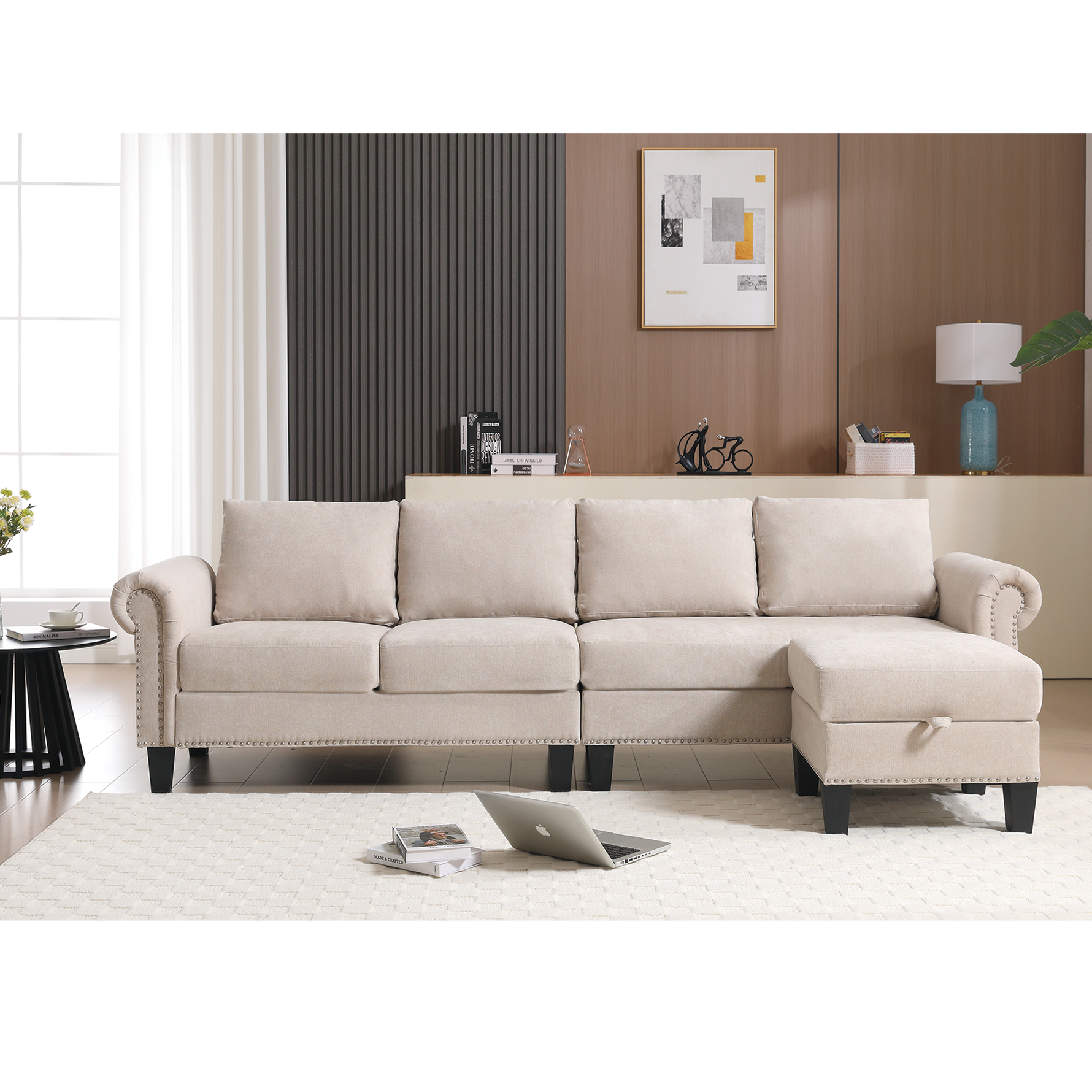 Canapé d'angle convertible avec rangement en tissu lin beige, canapé moderne quatre places, marque eprolo.