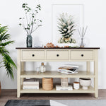 Console rétro eprolo en bois massif de pin, avec deux étagères ouvertes, cadre et pieds en espresso et beige, pour salon.