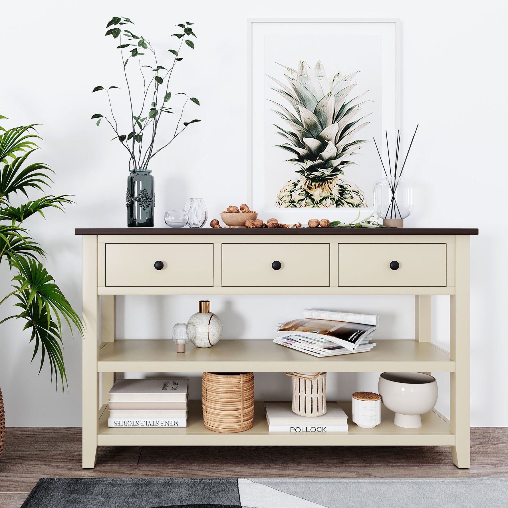 Console rétro eprolo en bois massif de pin, avec deux étagères ouvertes, cadre et pieds en espresso et beige, pour salon.