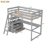 Lit mezzanine double avec bureau, étagères et tiroirs intégrés en gris, par eprolo, visible avec espace de travail et rangements.