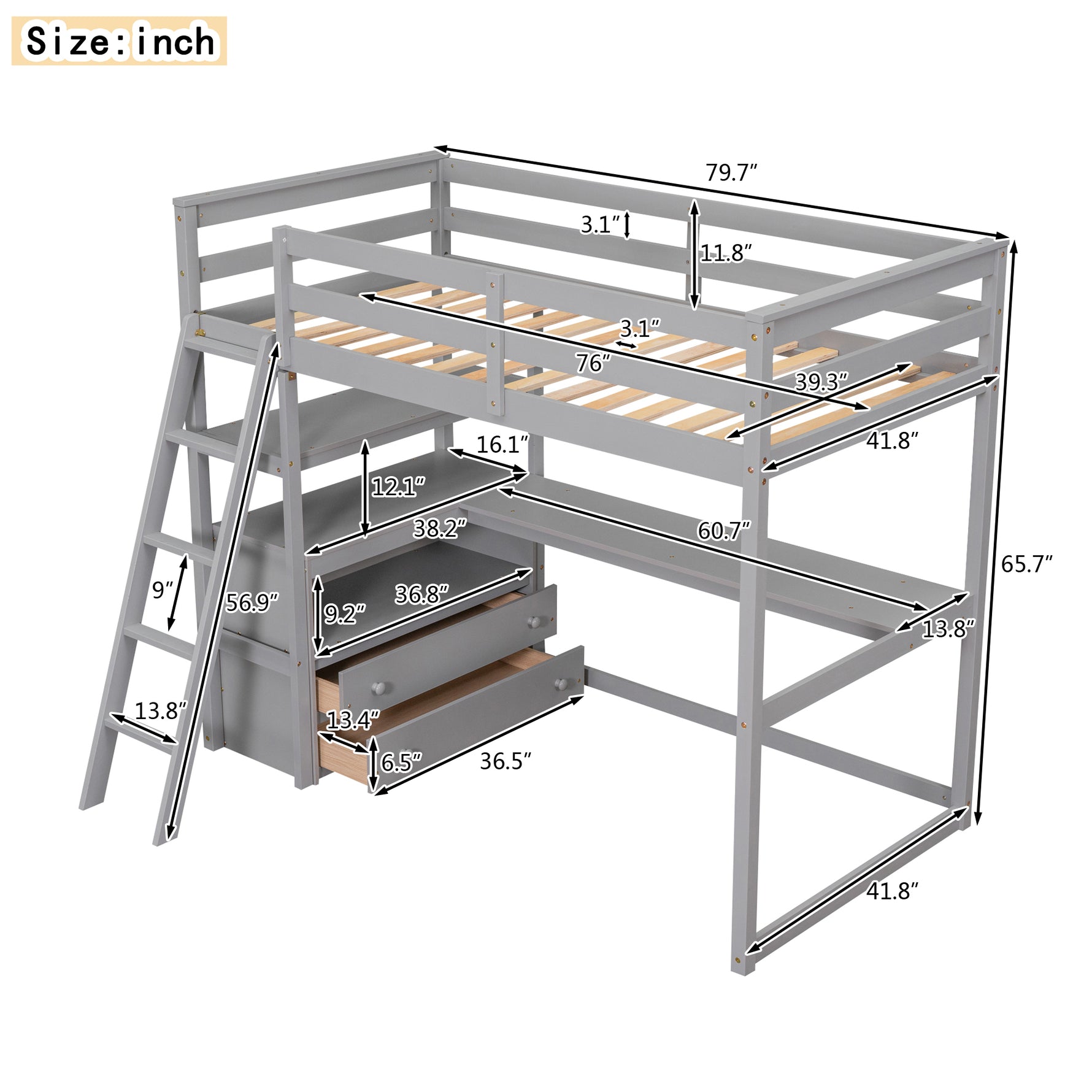 Lit mezzanine double avec bureau, étagères et tiroirs intégrés en gris, par eprolo, visible avec espace de travail et rangements.