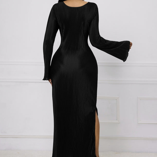 Ladies' Solid Color Fashionable Autumn And Winter Flared Sleeve Ribbed Slit Elegant Long Sleeved Dress