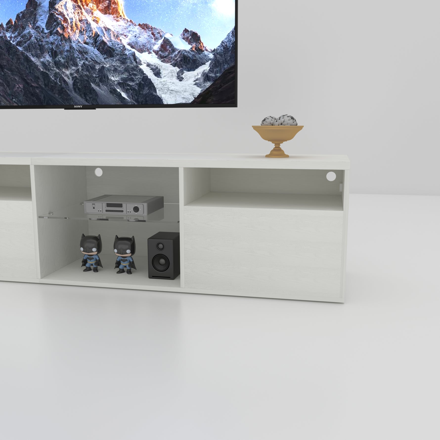 Console TV eprolo en bois avec espace de rangement, surface plate pour écran et compartiments pour appareils électroniques.