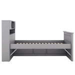 Cadre de lit double eprolo gris avec rangement intégrés, étagères, bibliothèques et quatre tiroirs pour espace de rangement.