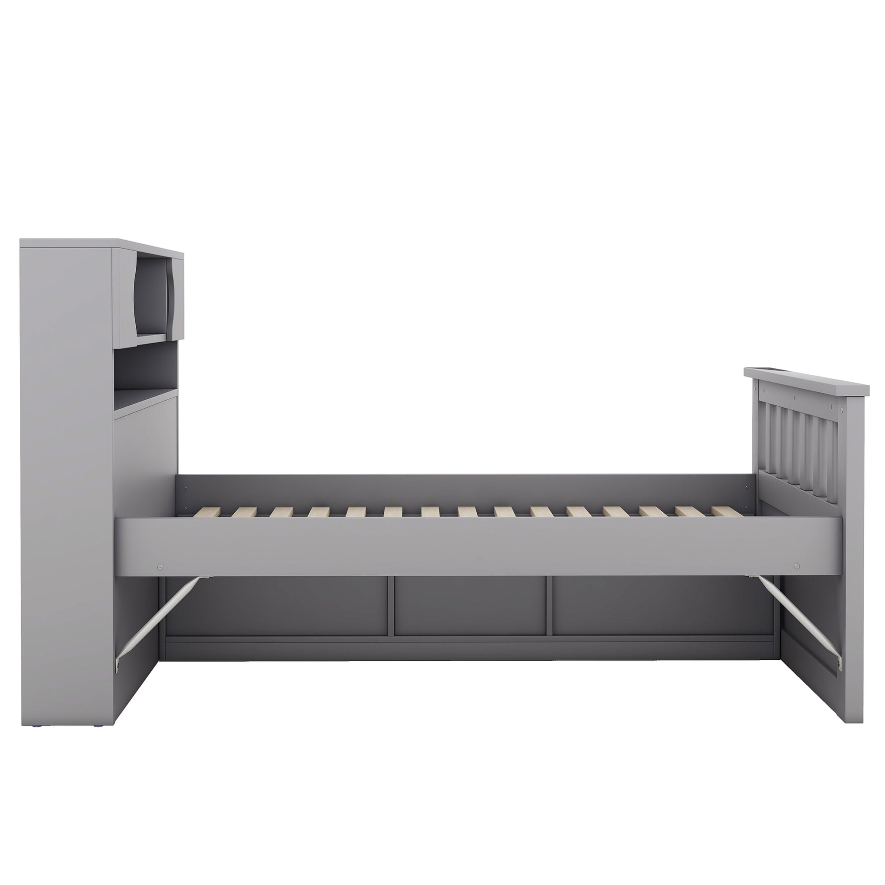 Cadre de lit double eprolo gris avec rangement intégrés, étagères, bibliothèques et quatre tiroirs pour espace de rangement.