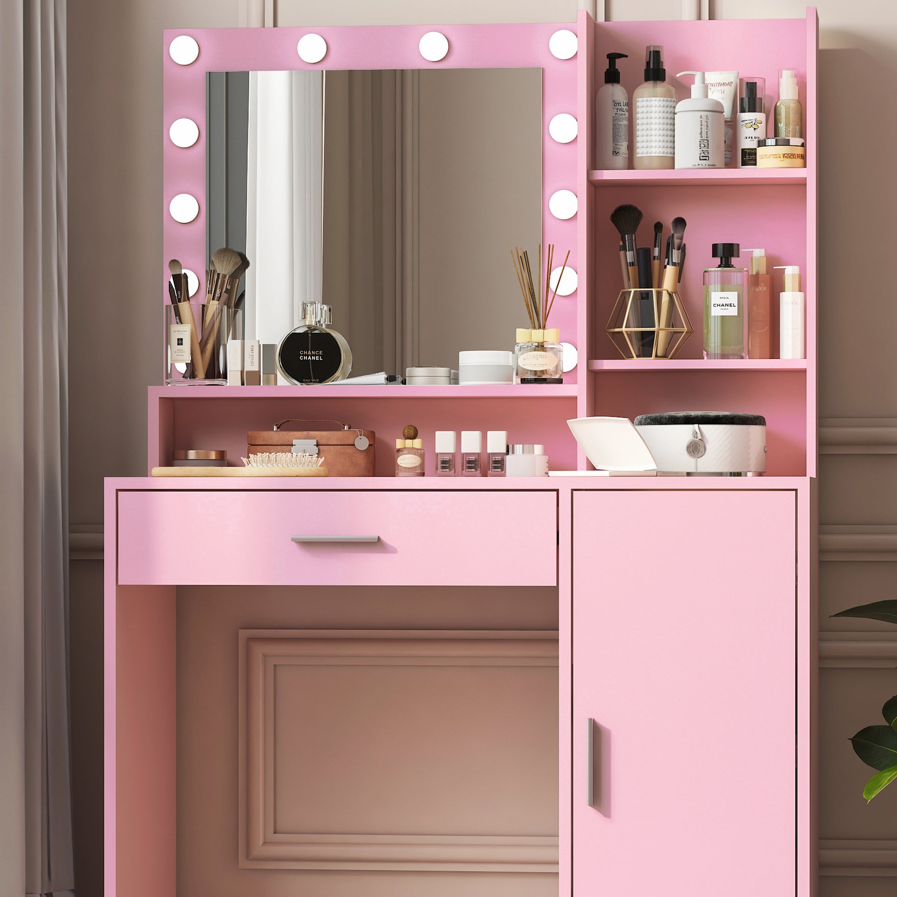 Bureau de maquillage eprolo avec miroir, éclairage intégré et surface lisse, pour une organisation élégante du maquillage.
