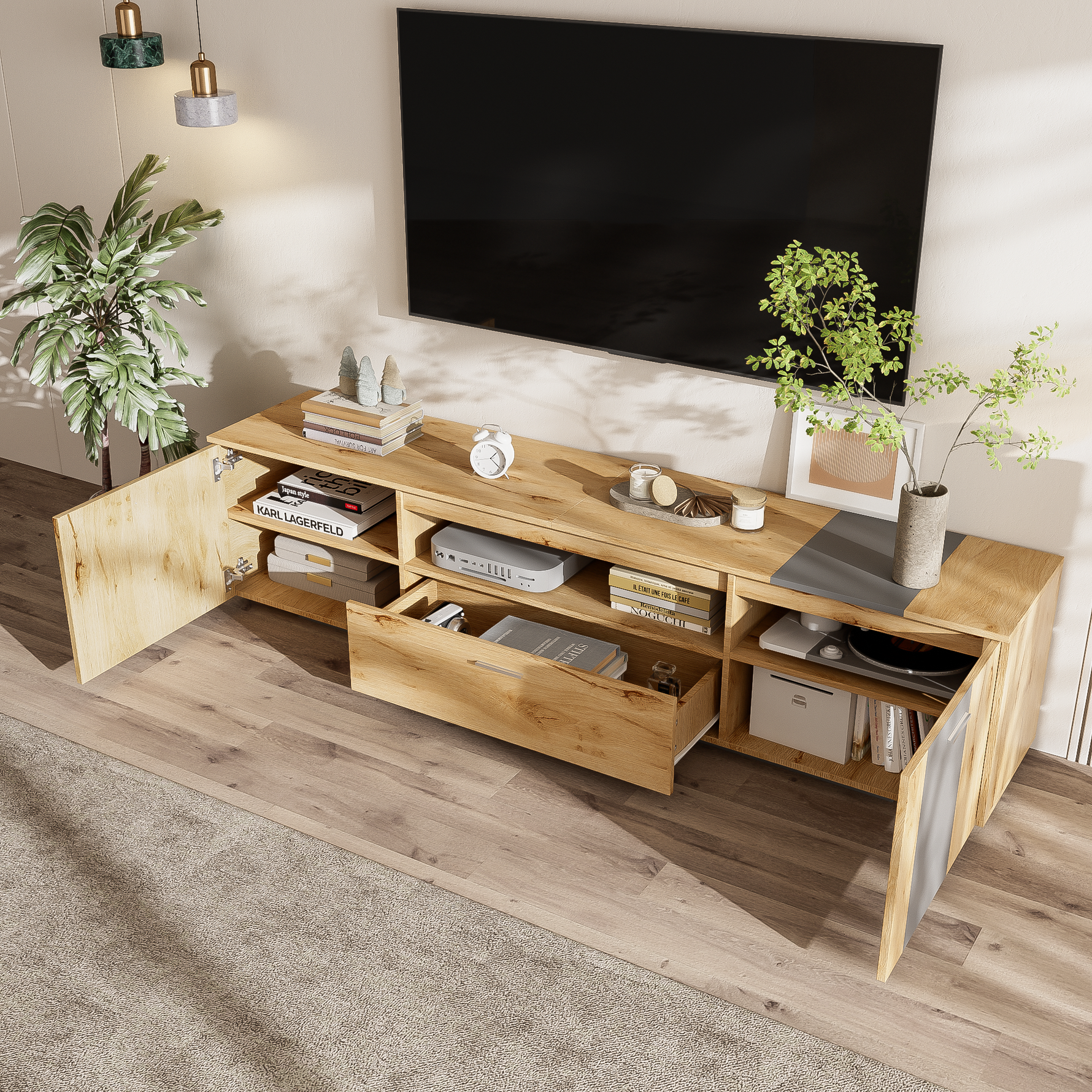 Meuble TV moderne de 70 pouces de la marque eprolo, avec espace de rangement en bois élégant et design contemporain.