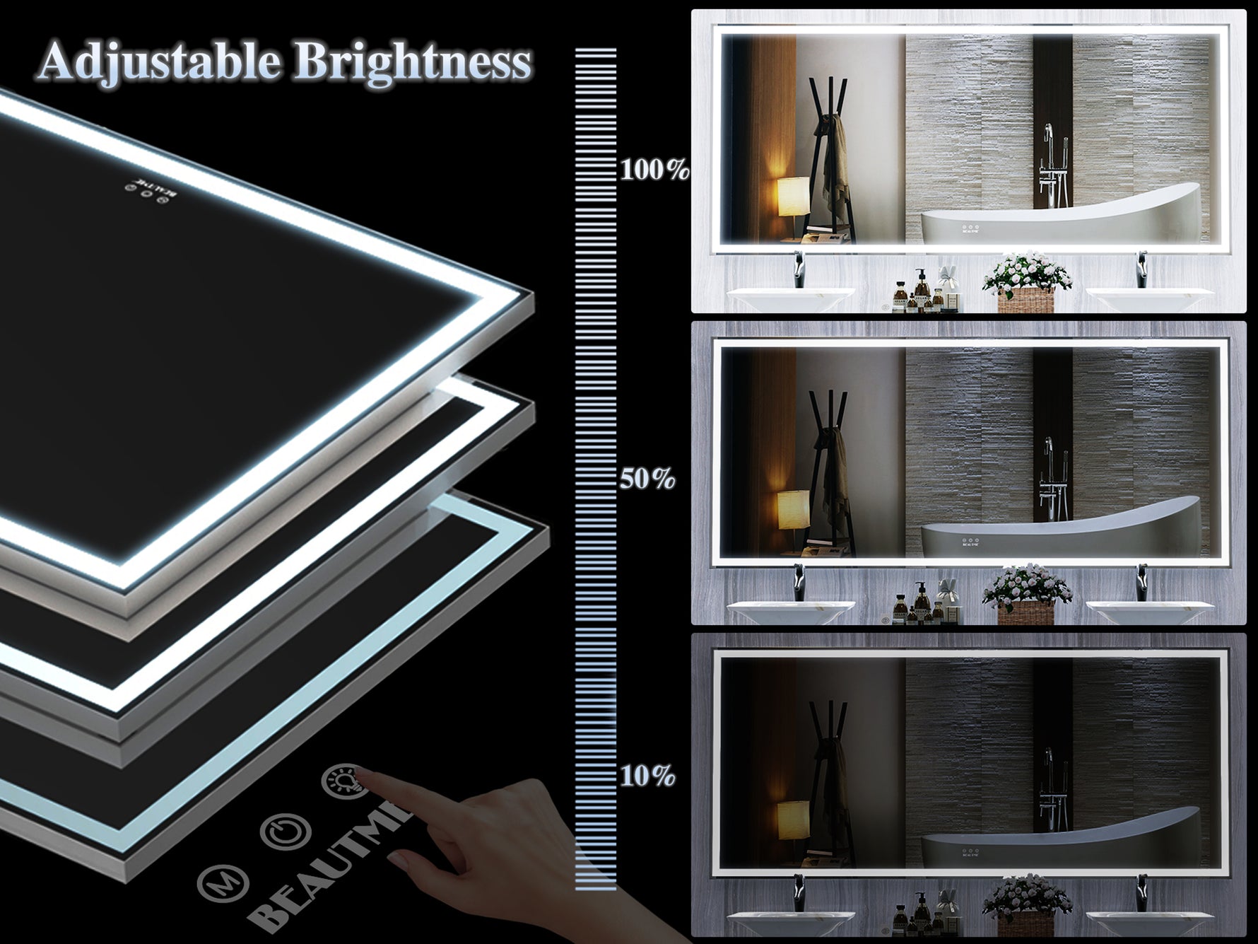 Grand miroir LED pour salle de bain eprolo, murale, avec cadre en aluminium, 3 modes de couleur, reflet complet.
