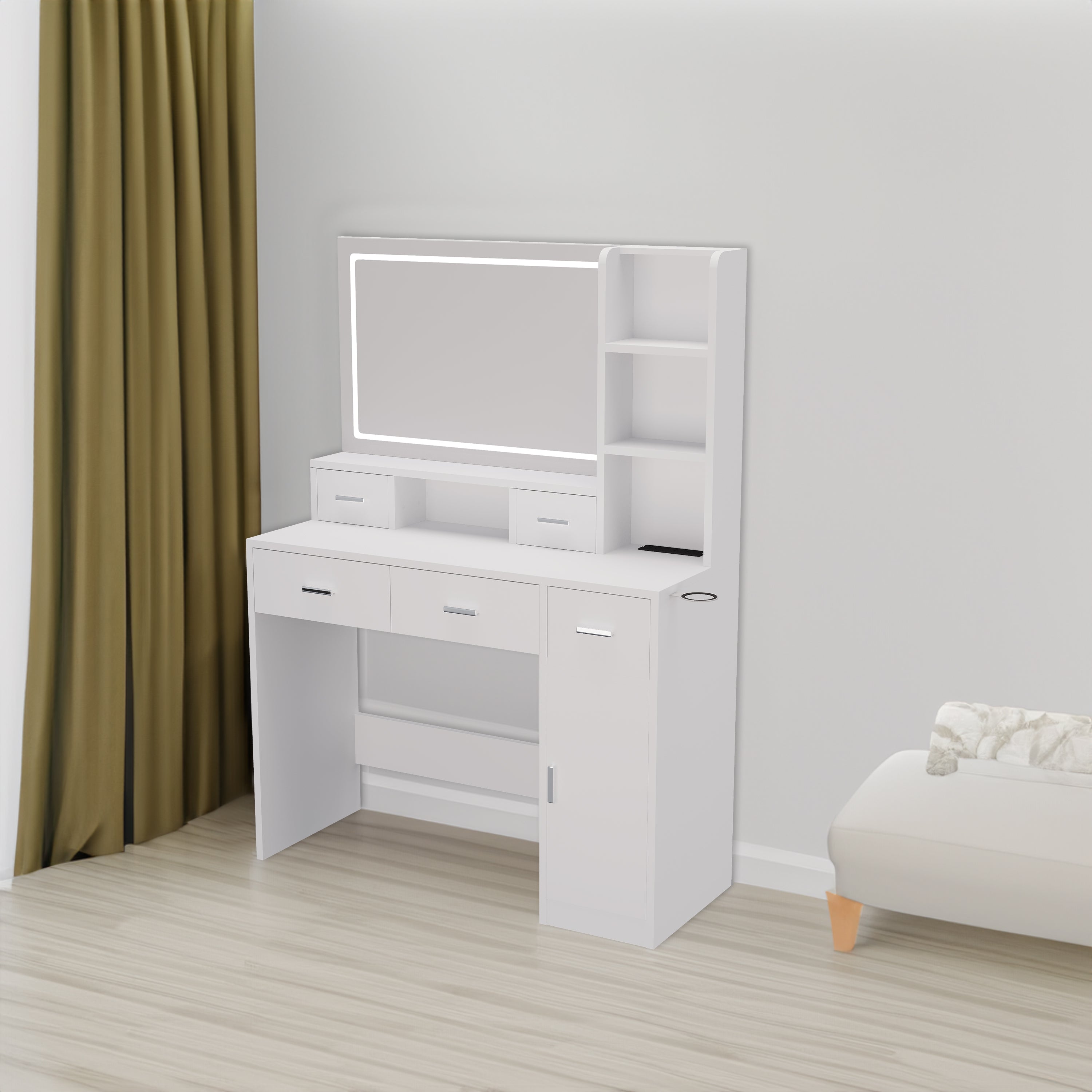 Miroir intelligent avec tiroirs et rangements, table de maquillage eprolo pour chambre ou dressing avec espace de stockage