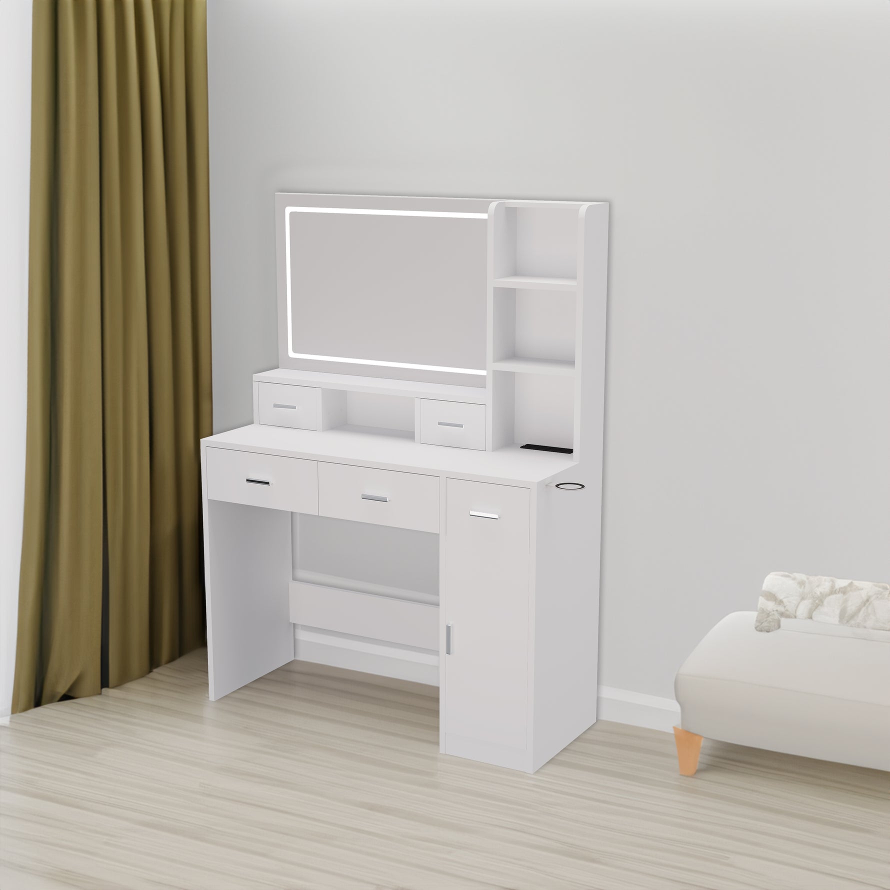 Miroir intelligent avec tiroirs et rangements, table de maquillage eprolo pour chambre ou dressing avec espace de stockage