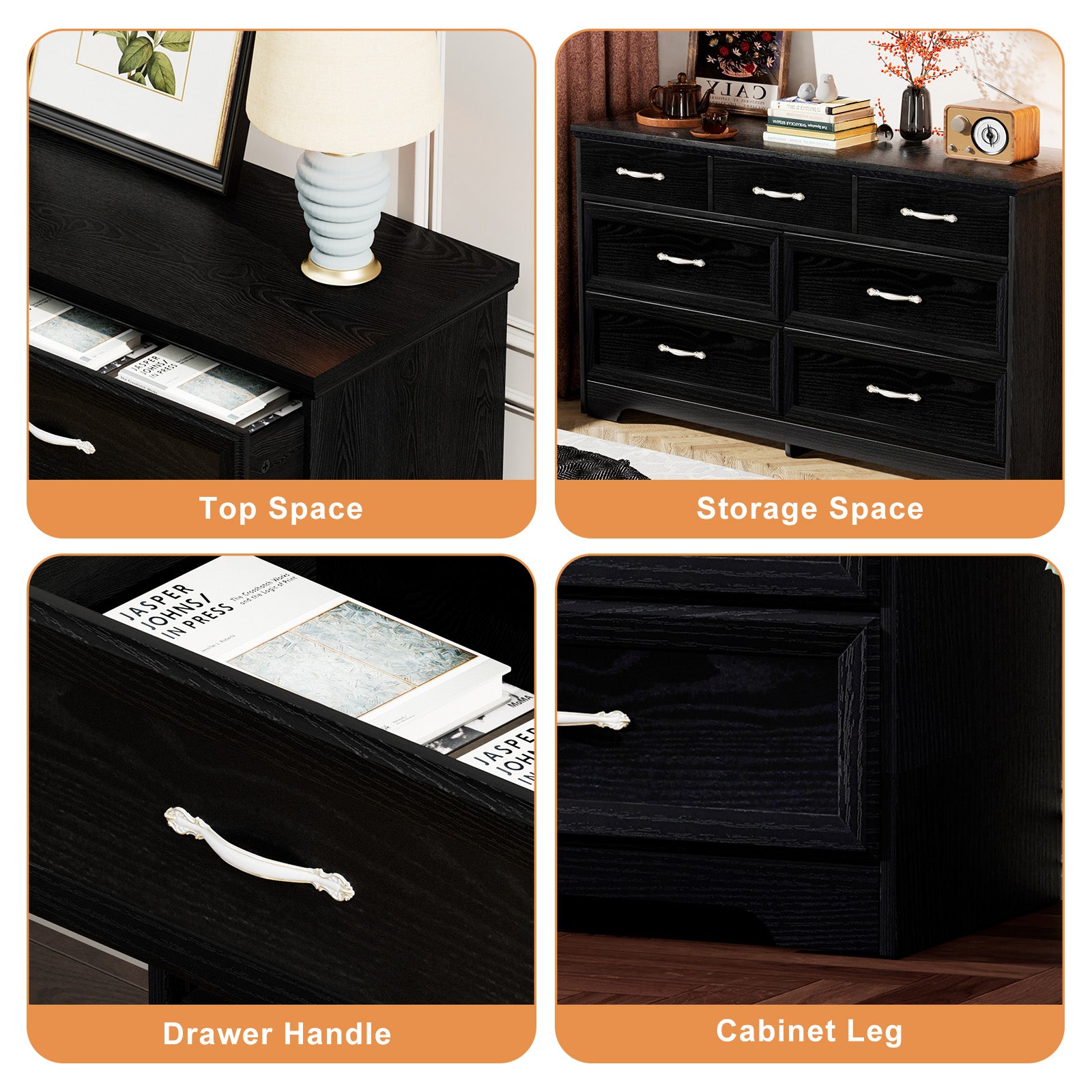 Meuble de rangement moderne en bois noir avec 7 tiroirs, poignées métalliques, pour chambre, dimensions 47,6" x 15,7" x 26,6"