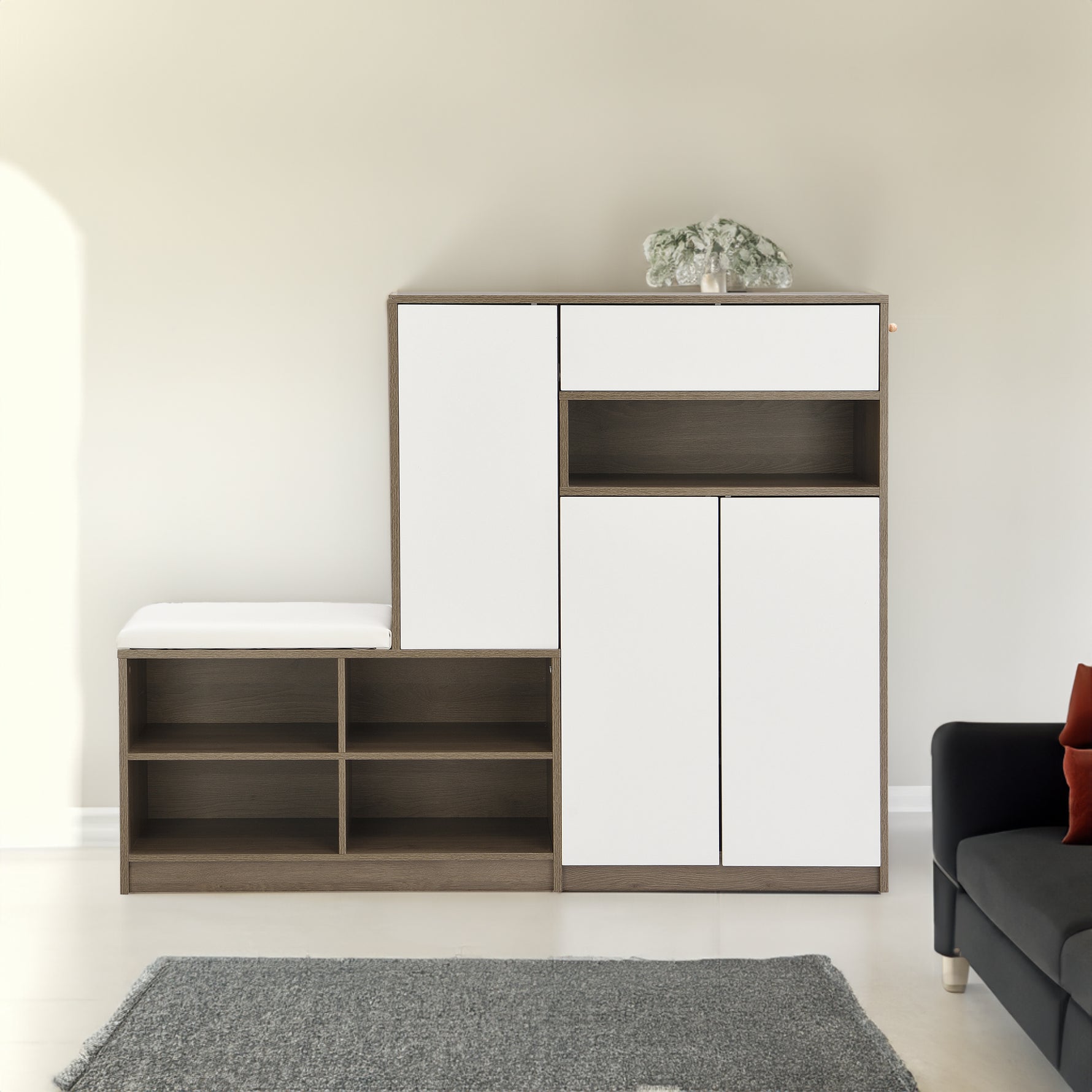 Plateforme de rangement pour chaussures eprolo ON-TRANS 2-en-1 avec sièges rembourrés et étagères ajustables, couleur blanche