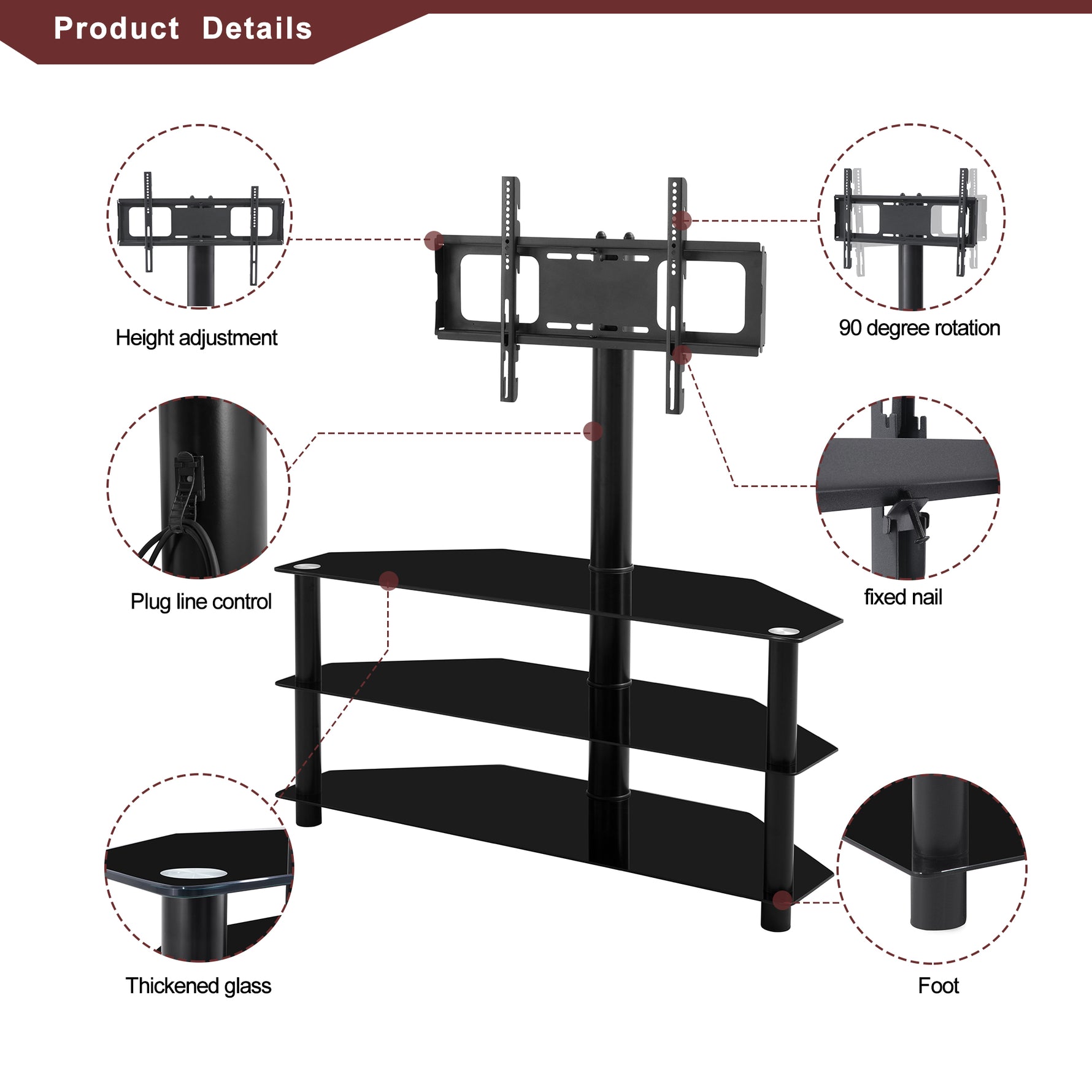 Support TV noir multifonctionnel de 35,4 pouces, réglable en hauteur, pivotant, avec étagères en bois, marque eprolo.