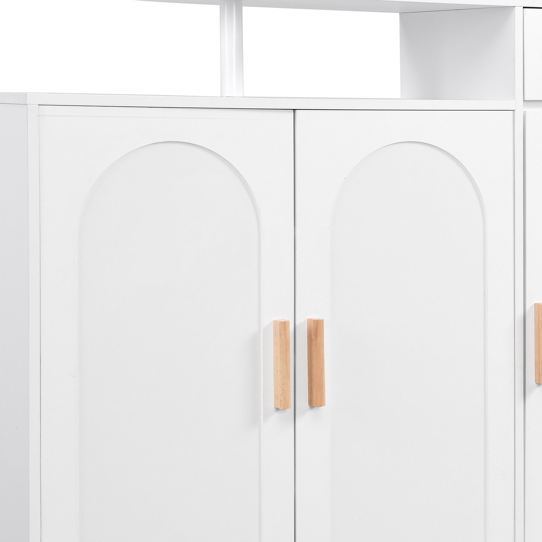 Meuble d'entrée eprolo blanc avec portes arquées, tiroirs, étagères réglables et pieds en bois massif, design élégant.