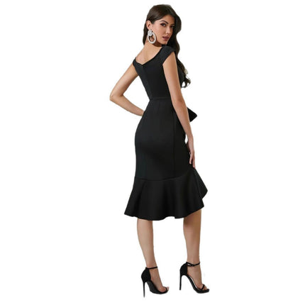 Women's Off-the-shoulder V-neck Ruffled Pleated Waist Slit Dress
