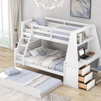 Twin Full Bunk Bed W  Trundle, Desk, 3 Drawers   Shelf - White