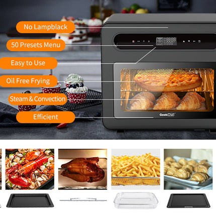Geek Chef Steam Air Fryer Toast Oven Combo, 26 QT Steam Convection Oven Countertop, 50 Cooking Presets, With 6 Slice Toast, 12 In Pizza, Black Stainless Steel. Prohibited From Listing On Amazon