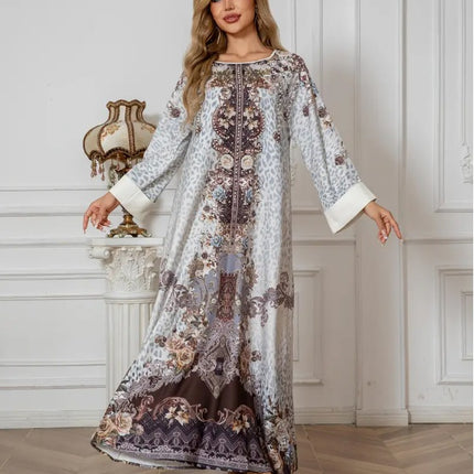 Elegant Floral Print Long Sleeve Abaya Dress