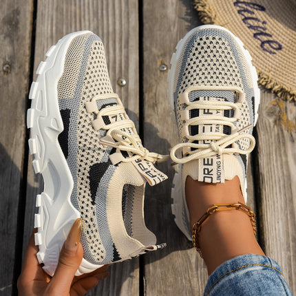 Flyknit Mesh Shoes Women's Breathable Lace-up Sneakers Walking Running Casual Shoes