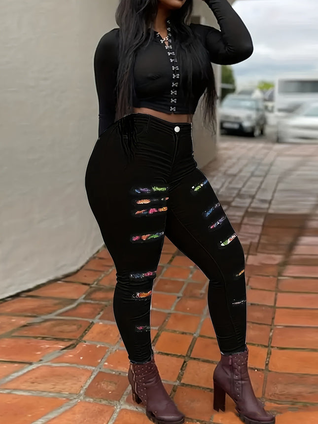 Plus Size Black Color Matching Patch Hole Denim Skinny Pants