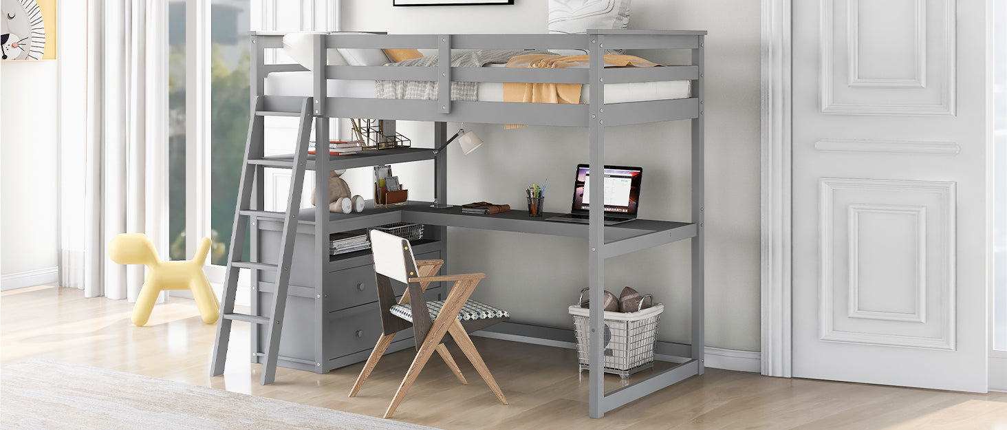 Lits superposés twin size gris avec bureau, étagères et deux tiroirs intégrés, design pratique et moderne, par eprolo.
