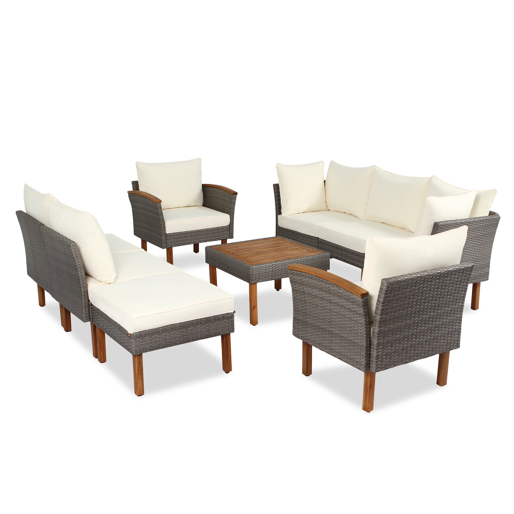 Ensemble de mobilier de patio en rotin eprolo, 9 pièces avec table en acacia, canapé avec coussins beiges lavables, table basse.