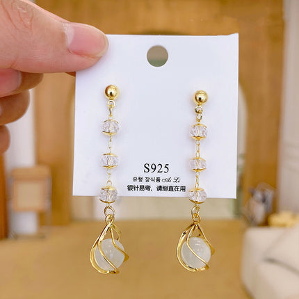 S925 Silver Needle Geometric Opal Temperament Diamond Earrings Simple