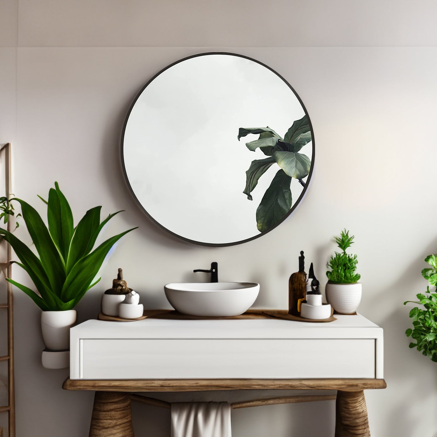 Miroir rond en métal noir de 16 pouces pour salle de bain, design élégant, marque eprolo, reflet clair et moderne.