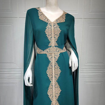 Cape Sleeve Lace Chiffon Dubai Arab Batwing Sleeve Dress
