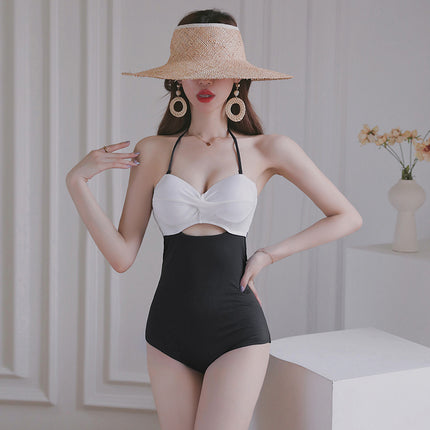 Color Matching Sexy Backless Cover Belly Slimming Gathering Swimwear