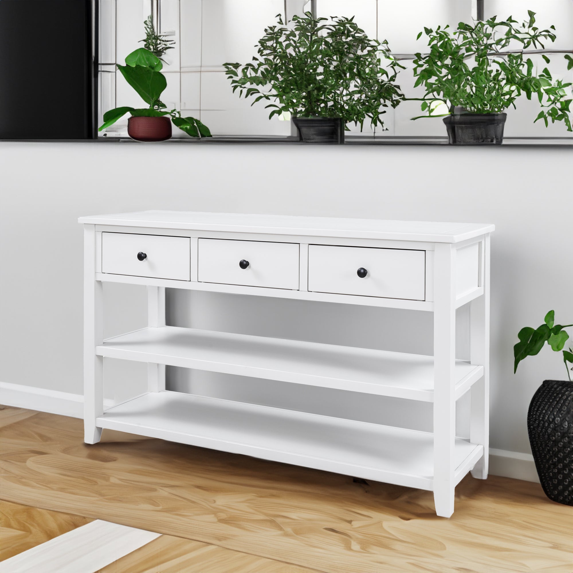 Console d'entrée rétro en bois massif de pin avec deux étagères ouvertes, finition blanche antique, design élégant pour le salon.