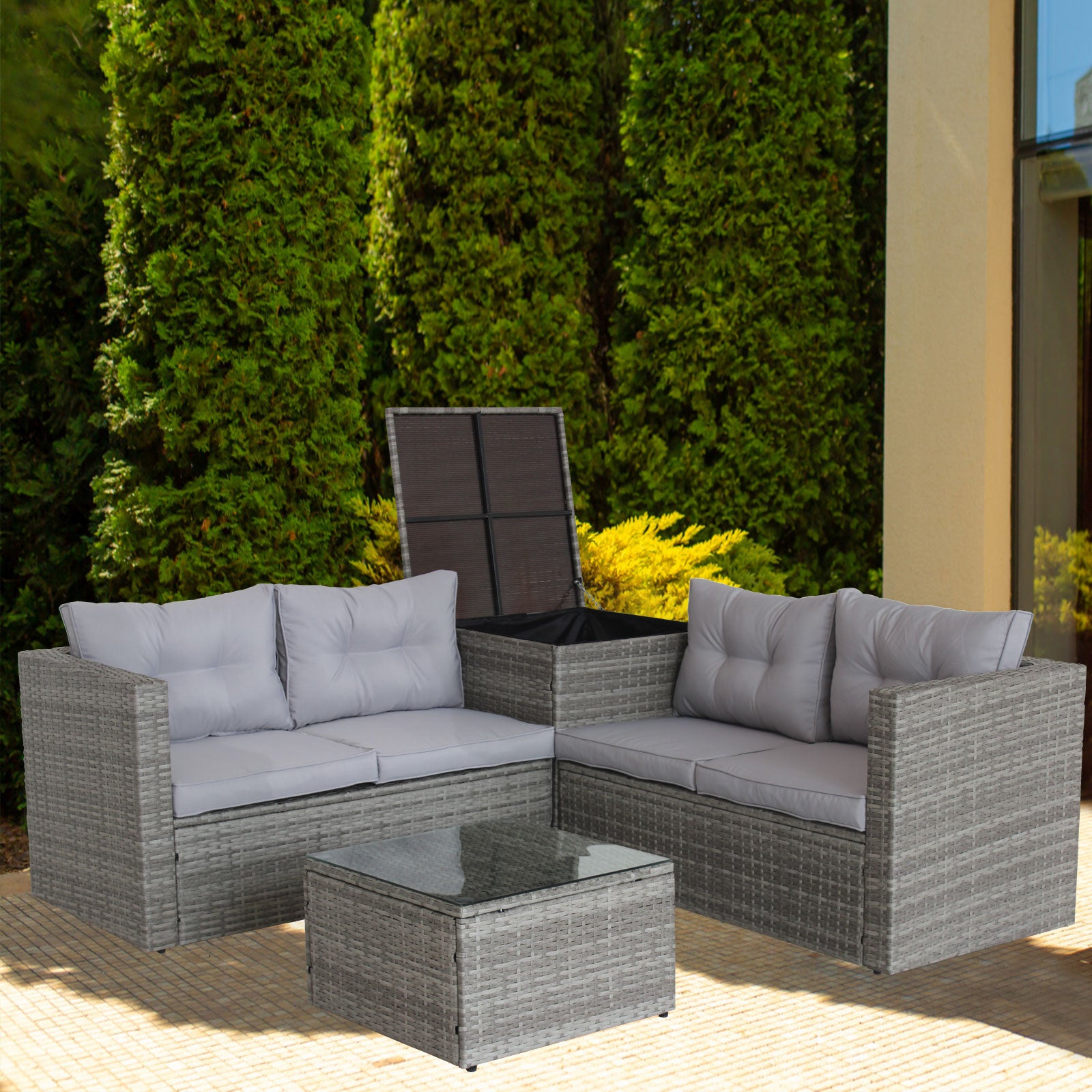 Canapé d'angle en rotin gris pour patio avec table de rangement, ensemble de mobilier extérieur eprolo, 4 pièces
